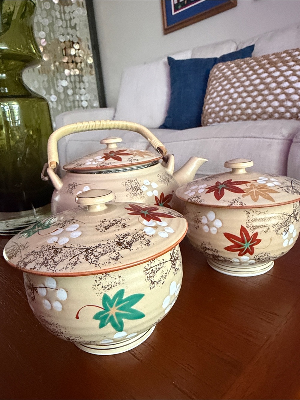 Cream Ceramic Teapot and Lidded Bowls Set with Floral Accents